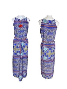 The Limited Blue Printed Halter Maxi Dress with Tassel Ties.